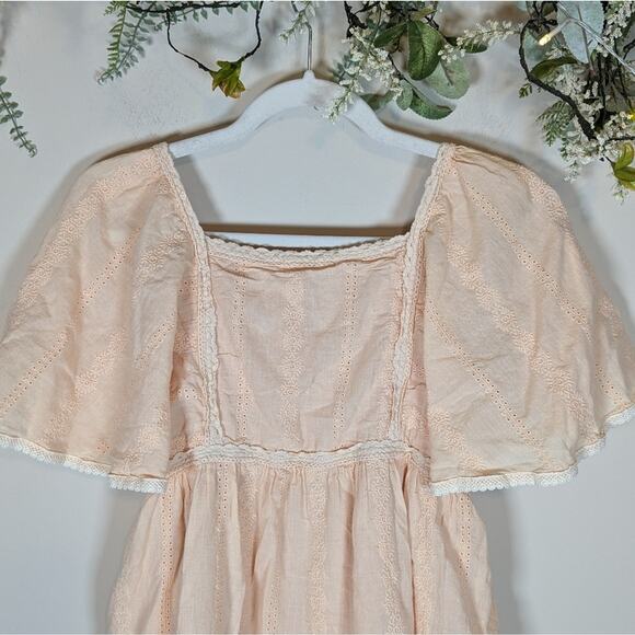 Altar'd State Peach Tiered Flutter Sleeve Lace Eyelet Babydoll Tunic Dress - Picture 3 of 8